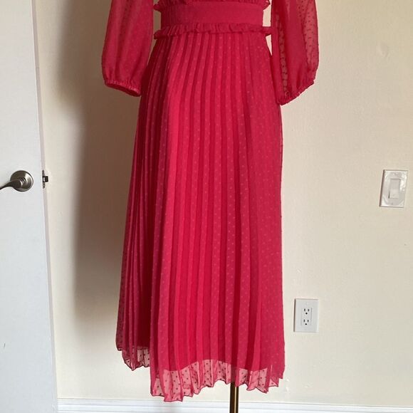 ASOS DESIGN textured pleated shirred midi dress in hot pink size 4 - Picture 6 of 16
